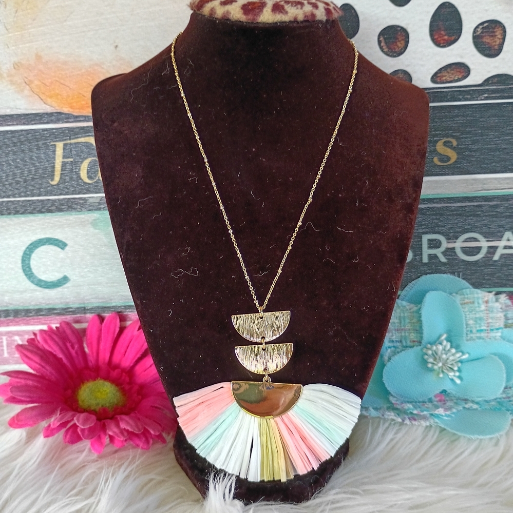 Versona Pink Aqua Sage Green White Raffia Fan Gold Toned Boho Bohemian Necklace